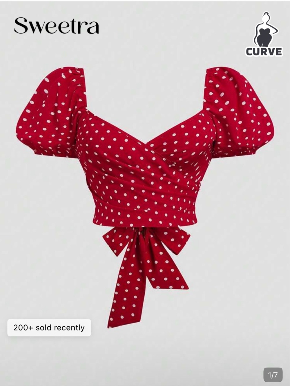 Curve Red Polka Dot Tie-Back Puff Sleeve Crop Top